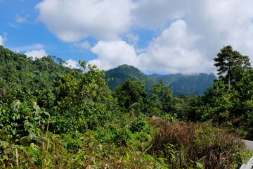 A view of the jungle and mountainous landscape at Panguna mine on tropical island of Bougainville,...