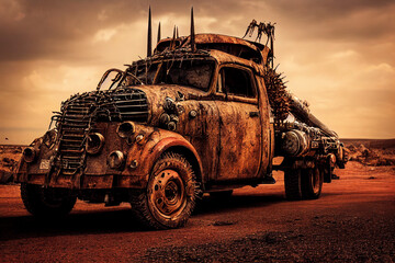 Rusty post-apocalyptic truck, battle vehicle illustration