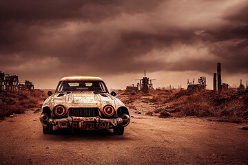 Rusty post-apocalyptic car, battle vehicle illustration