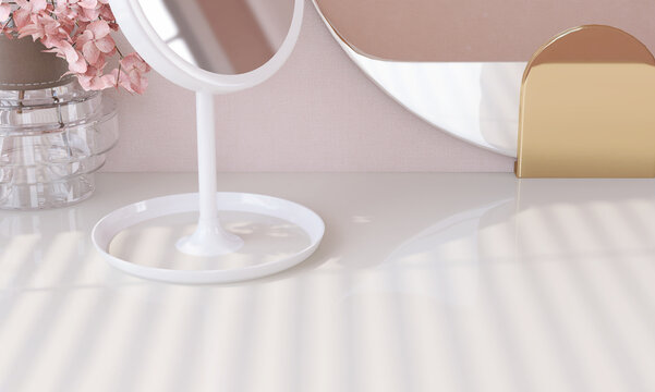 3D render close up white LED stand up makeup vanity mirror with tray on elegance dressing table for beauty product display backdrop. Morning sunlight, Shadow, Pink, Glamour, Jewelry accessories, Space
