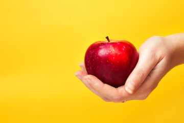 Defocus female hand holding red apple on yellow background. Organic fruit and vegetables. Farmers hands with freshly harvested apples. Biblical evil. Fresh fruit. Out of focus