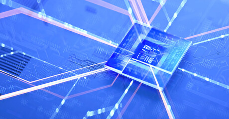 3D rendering of cyberpunk AI. Circuit board. Technology background. Central Computer Processors CPU and GPU concept. Motherboard digital chip. Tech science background.