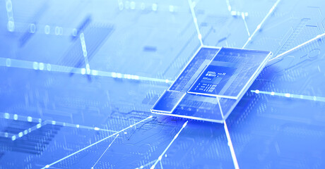 3D rendering of cyberpunk AI. Circuit board. Technology background. Central Computer Processors CPU and GPU concept. Motherboard digital chip. Tech science background.