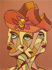 Cubist portrait of 3 faces - obrazy, fototapety, plakaty