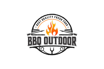 BBQ barbecue logo design vintage flame fire grill hunting outdoor icon symbol restaurant illustration