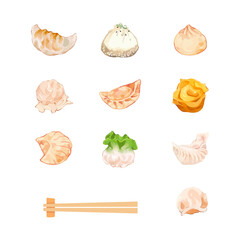 Traditional chinese dumplings Dim sum and chopsticks set. Hand drawn vector watercolor illustration, isolated on white background.
