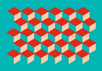 Geometric Graphic Cubic Pattern Pixel Art with cream, green and red color, can be used as wallpaper and background.