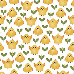 Baby chicken seamless pattern. Yellow cute farm birds and grass on white background. Newborn print. Spring pattern. Happy Easter.
