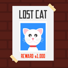 Lost cat poster with reward. Flat design vector illustration.