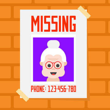 Lost person poster, missing old lady. Flat design vector illustration.