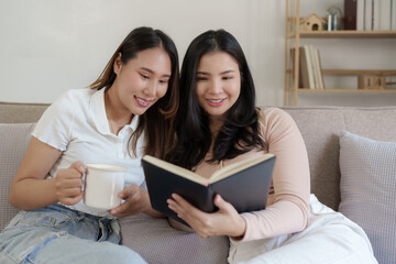 Two asian women having nice lively conversation in living room on sofa in cozy interior