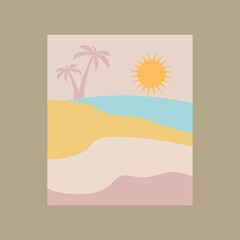 Fototapeta na wymiar summer abstract content modern landscape poster banner illustration, background in yellow and blue colors. Sandy beach, mountains, beach on the sea, palms, ocean. Vector graphics