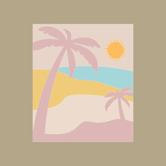 Fototapeta na wymiar beautiful summer abstract content modern landscape poster banner illustration, and background in pink, yellow, and blue colors. beach, palms, ocean. Vector graphics