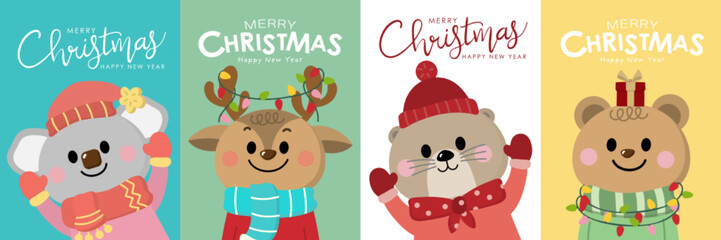 Merry Christmas and happy new year greeting card with cute koala, bear, deer and otter in winter costume. Wildlife animal in xmas holidays. -Vector