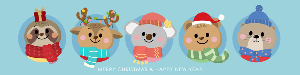 Cute koala, bear, deer, otter and sloth in winter costume. Wildlife animal in Christmas holidays. -Vector © Dusida