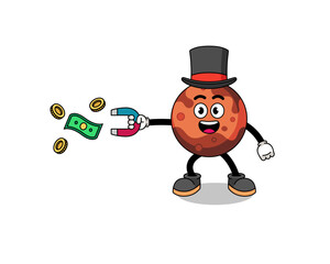 Character Illustration of mars planet catching money with a magnet