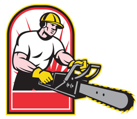 Illustration of an arborist,tree surgeon,tree trimmer or pruner operating a chainsaw with sunburst in background done in retro style on isolated white background.