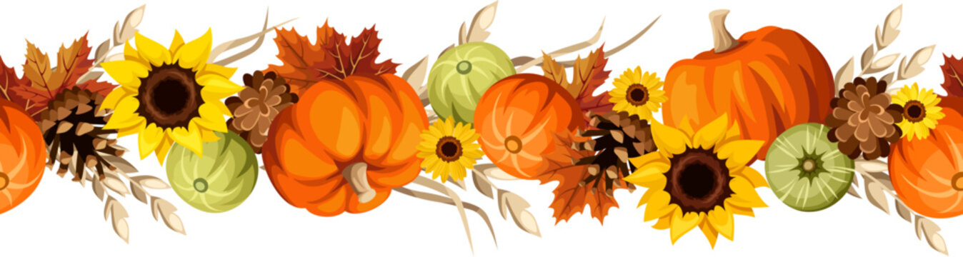 Autumn seamless border with pumpkins, sunflowers, ears of wheat, maple leaves, and pinecones. Thanksgiving decoration. Vector seamless garland