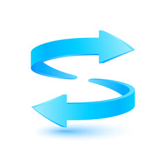 Two arrows blue circulating around refresh icon, Update symbol or download. 3D Vector EPS10. Isolated on White Background.