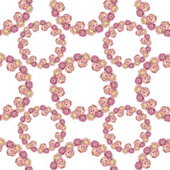 Seamless pattern watercolor boho wreath on white background. Circle frame border template for design. Dry pink flower herbarium for wedding. Hand-drawn summer autumn plant. Art with copy space