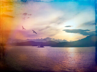 Two ravens at sunset with magical texture.
