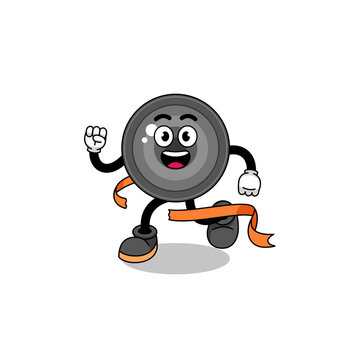 Mascot cartoon of camera lens running on finish line