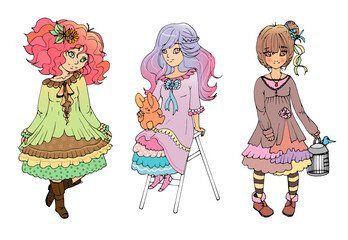 vector set with cute cartoon anime girls. sticker pack