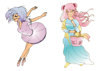 vector set with cute cartoon anime girls. sticker pack