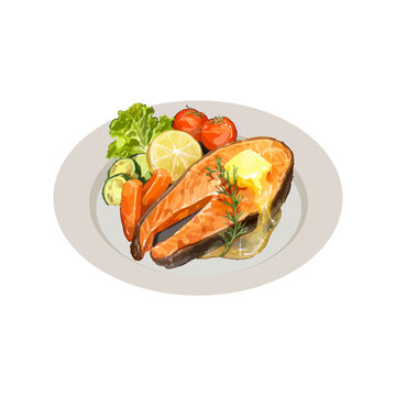 Delicious grilled salmon fish fillet with lemon, rosemary, spicies and vegetables on the plate. Watercolor hand drawn vector illustration, isolated on white background.