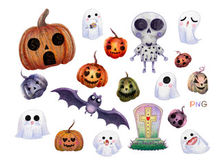 Obraz premium Cute Halloween illustration isolated. Hand drawn pumpkin, ghost, white skull cartoon, bat and rainbow cemetery transparent clipart on white background. Characters of Halloween on October in autumn.
