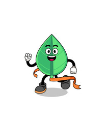 Mascot cartoon of leaf running on finish line
