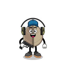 Character mascot of dried leaf doing shooting range