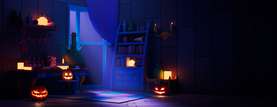 Halloween Pumpkin Decorations with Potions, in a Youthful Wizard's Room at Night. Halloween banner with copy-space.