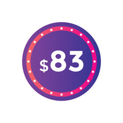 83 dollar price tag. Price $83 USD dollar only Sticker sale promotion Design. shop now button for Business or shopping promotion
