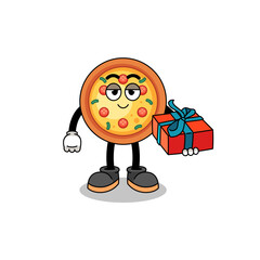 pizza mascot illustration giving a gift