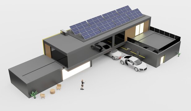charger electric carin the building house roof and solar panels smart home solar photovoltaic 3d illustration