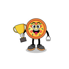 Cartoon mascot of pizza holding a trophy