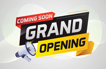 coming soon grand opening word concept vector illustration with megaphone and 3d, web, mobile app, poster, banner, flyer, background, gift card, coupon, label, wallpaper