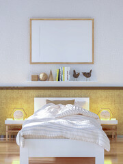 3D illustration Mockup photo frame in bedroom rendering