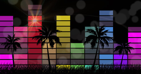 Image of palm tree silhouettes over colourful sound eq level meter on black background