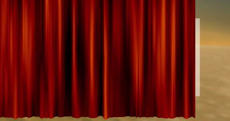 Image of part drawn red silk curtain with white edge over sand background