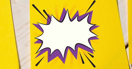 Image of purple and white explosion with copy space, with wood effect strips on yellow background