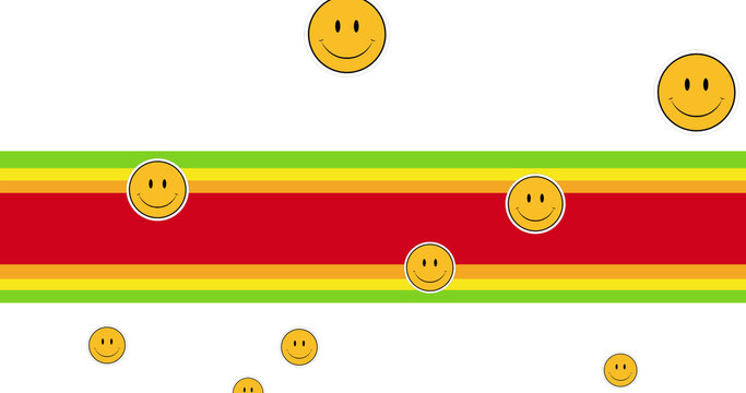 Image of yellow happy smiley faces over band of red, orange, yellow and green on white background