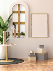 3D illustration mockup blank photo frame in living room rendering