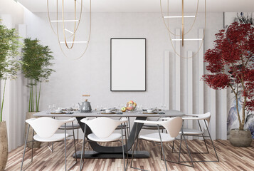 3D illustration Mockup blank photo frame in dining room rendering