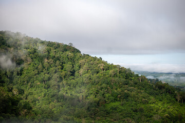 Obraz premium Mountain range with visible silhouettes through the morning colorful fog.