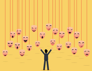 Fake businessman faces. manager choose moods and hold masks in hands, vector illustration