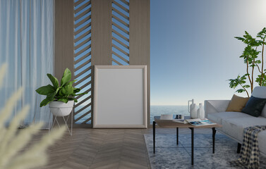 Naklejka premium 3D mockup blank photo frame in living room rendering