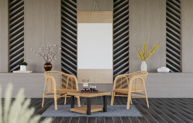 3D mockup blank photo frame in living room rendering