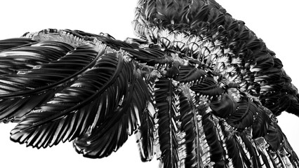 Metallic silver wings under white lighting background. Concept 3D CG of free activity, decision without regret and strategic action. PNG file format.